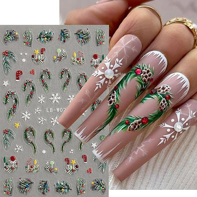 Christmas Nail Art Stickers Winter Nail Decals Snowflake Nail Stickers for Nail Art Cedar Green Red Christmas Tree Design 3D Self Adhesive Nail Sticker for Women Decor Holiday Accessories 4 Sheets