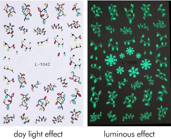 6PCS Christmas Nail Art Stickers Luminous Christmas Nail Decals Xmas Tree Light String Nail Art Supplies 3D Self-Adhesive Nail Stickers Colorful Light Nails Accessories for Women Xmas Nails Decoration