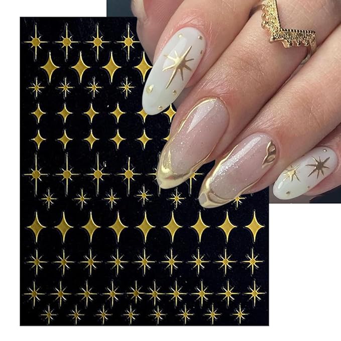 Gold Heart Nail Art Stickers - Valentines Day Star Self-Adhesive 3D Nail Decals for DIY Golden Manicure (6 Sheets)