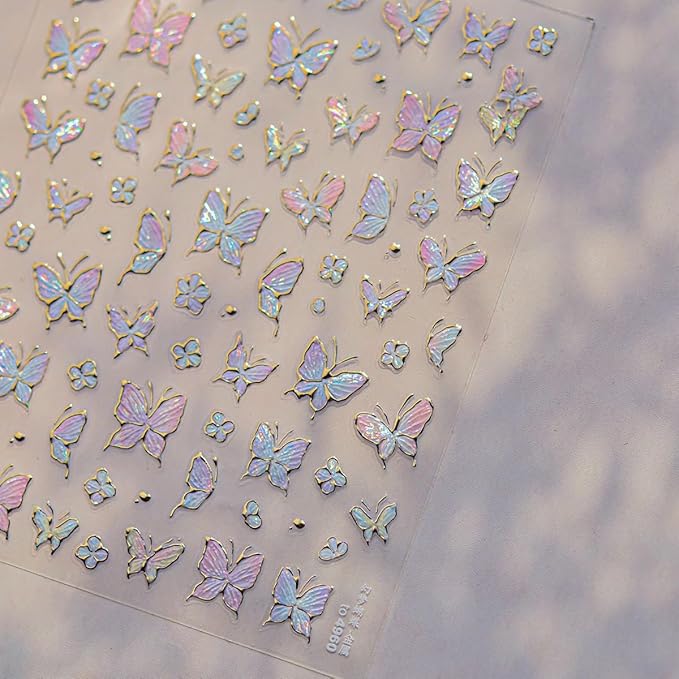 1 Sheet Gradient Butterfly Nail Stickers, Hot Stamping Design Butterfly Nail Decals, 5D Embossed Self-Adhesive Nail Design Stickers for Women DIY Spring Manicure Decoration