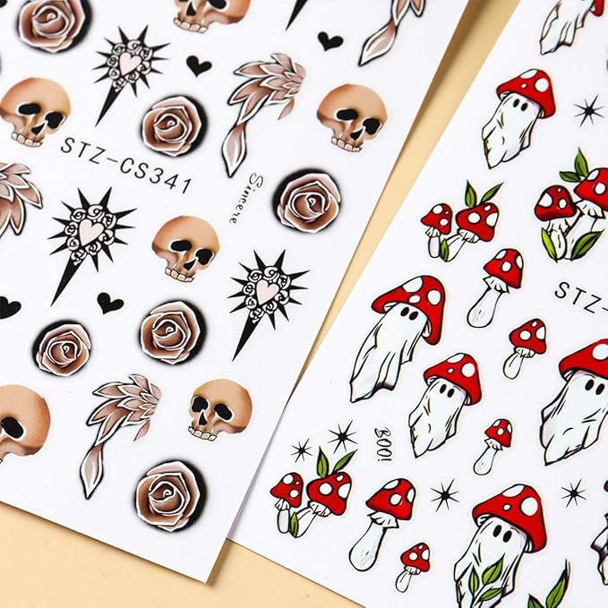 Halloween Nail Art Stickers Decals Mushroom Ghost Skull Nail Decals 6PCS 3D Ghosts Rose Skull Black Cat Pumpkin Spiders Halloween Design Nails Adhesive Sticker Supplies for Women DIY Manicure Nail Art