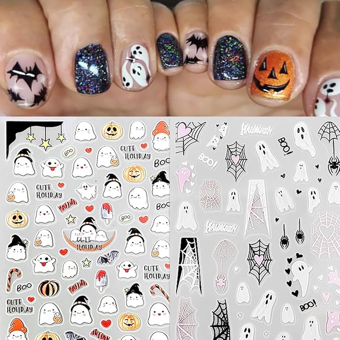 6 Sheets Halloween Nail Art Stickers Cute Ghost Nail Stickers Spider Web 3D Self Adhesive Nail Decals Gothic Spider Spooky French Nail Design Stickers for Women Girls Acrylic Manicure Salon