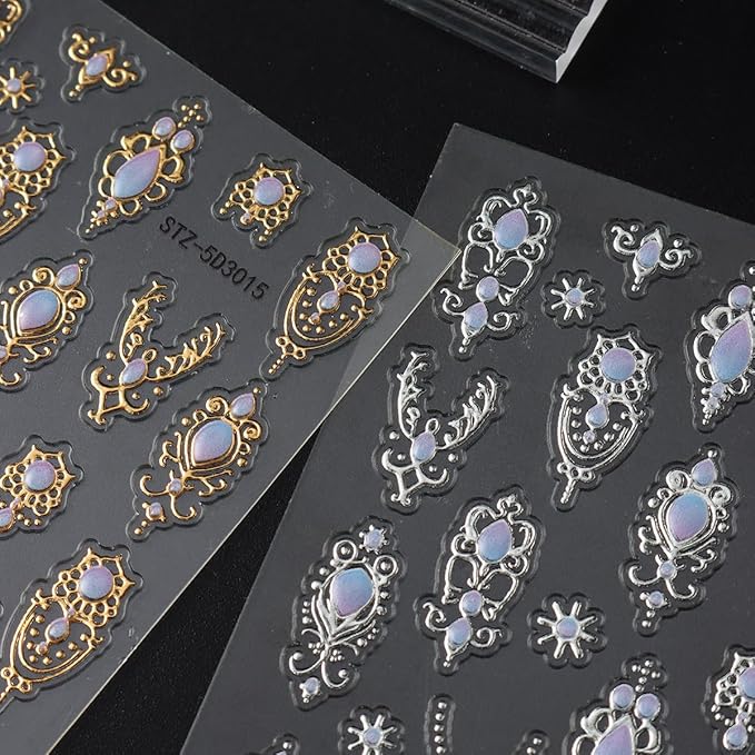 4Pcs 5D Embossed Gemstone Nail Stickers Gold Silver Nail Art Stickers Decals with Gold Mace Design Colorful Rhinestones Nail Stickers for Nail Art Mace Style Nail Decoration for Women Nails Supplies