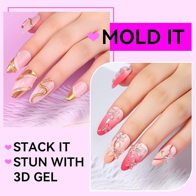 Makartt 3D Gel Nail Art: 4 in 1 Solid Gel Builder Kit for 15ML Nail Extension Gels, 4pcs Silicone Molds, 1 Sculpting Brush, UV Glue for Acrylic Nails Rhinestones Molding Manicure Hard Gels Kit