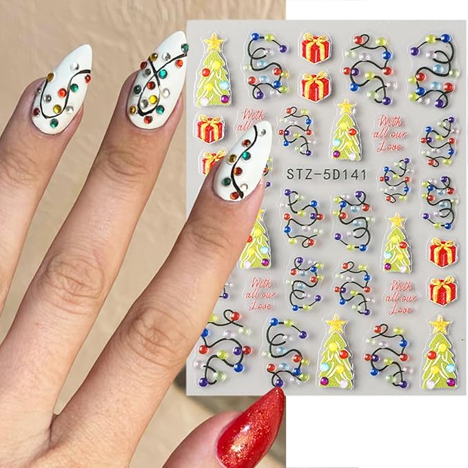 2 Sheets Christmas Nail Stickers for Nail Art Embossed New Year Light Strip Nail Art Stickers 5D Self-Adhesive Xmas Gift Nail Design Supplies Winter Christmas Tree Nail Decals for Women Holiday Decor