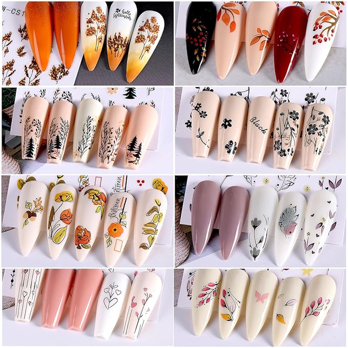 8Sheets Fall Leaves Nail Art Stickers, 3D Black Leaf Flowers Love Autumn Leaves Adhesive Nail Stickers Nail Supplies Flower Designs Slider Decal for Women Nail Decorations Thanksgiving Day Accessories
