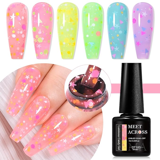 MEET ACROSS Candy Glow in the Dark Gel Nail Polish Set, 6 Colors Luminous Light Pink Yellow Purple Glow Effect Nail Polish with Sequins Soak off UV LED Cured for Home Salon DIY Manicure