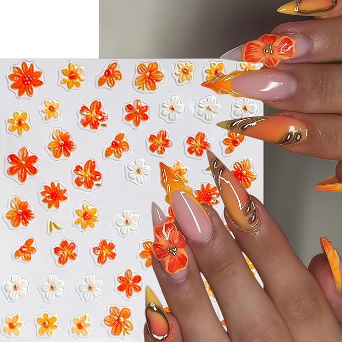 4sheets 5D Embossed Flower Nail Art Stickers Self Adhesive Fall Yellow Flowers Nail Stickers Autumn Orange White Daisy Nail Decals Orange Petal Daisies Nails Supplies for Women Manicure Accessories