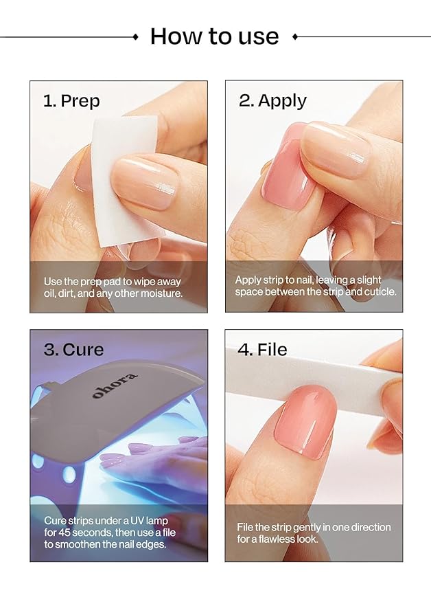 ohora Semi Cured Gel Nail Strips (N Rose Shower) - Pink, Works with Any UV/LED Lamps, Salon-Quality, Long Lasting, Easy to Apply & Remove - Includes 2 Prep Pads, Nail File & Wooden Stick