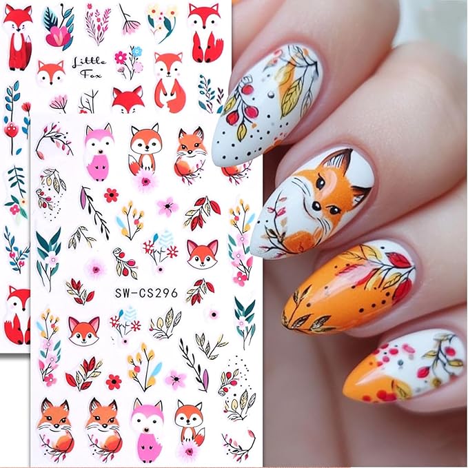 4pcs Fall Nail Stickers for Nail Art, 3D Autumn Fox Leaves Flowers Nail Decals Thanksgiving Leaf Pattern 3D Self-Adhesive Nails Sliders Fall Sticker for Nails Decoration DIY Manicure Accessories