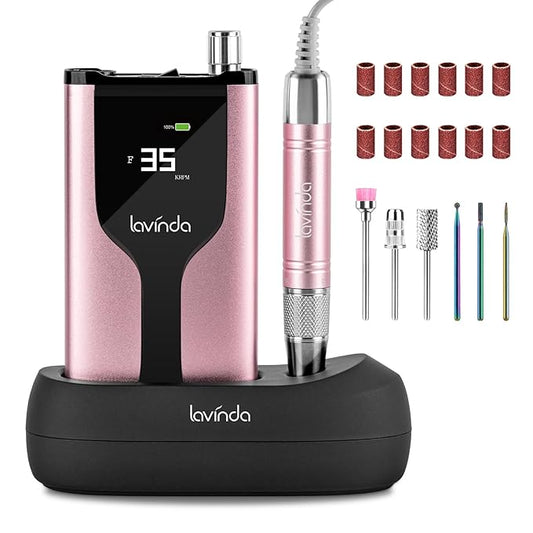 Lavinda Professional Rechargeable Nail Drill Machine, Cordless 35,000RPM Skyspace Brushless Nail Drill, Portable Electrical Nail File for Acrylic Nails with Protective Case, Rose Gold