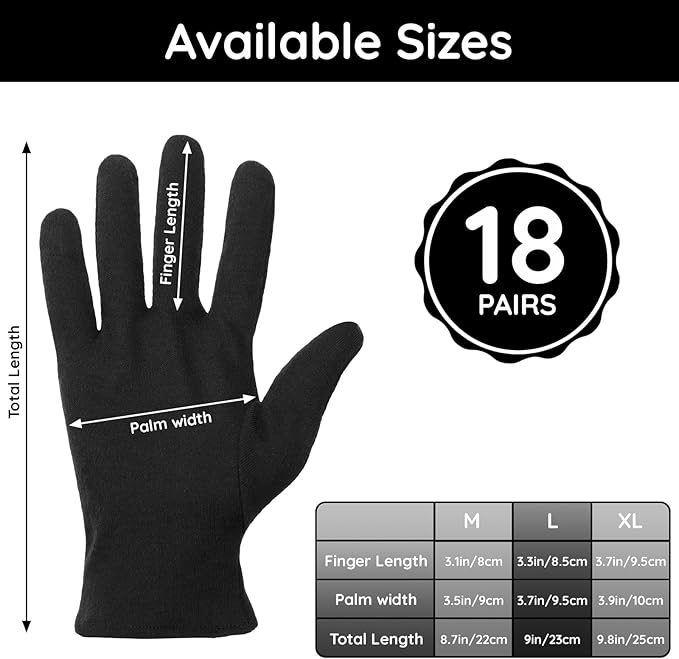 Segbeauty 36 Counts Black Cotton Gloves for Men Dry Hands, 18 Pairs Overnight Moisture Lotion Cotton Gloves for Sleeping Driving Typing, Cracked Hand Home Sleep Glove Reusable Soft Glove Bulk Large