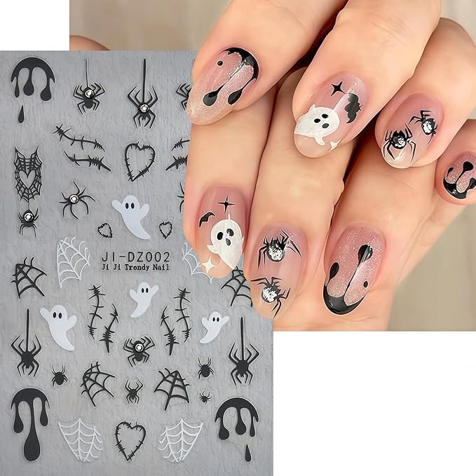 Halloween Nail Art Stickers Ghost Nail Decals Shiny Crystal Diamonds Rhinestones Spider Web Spooky Spider Nail Art Design Stickers Cute Fall Holiday Manicure Decoration for Salon Acrylic Nails