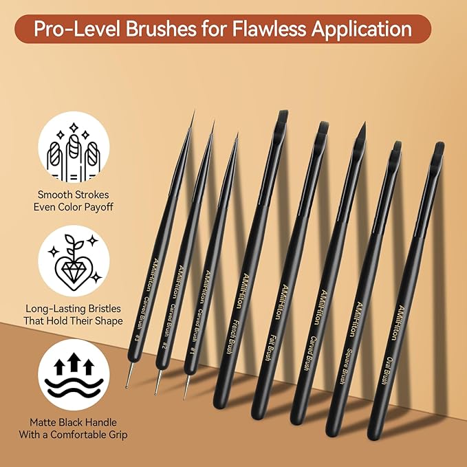 8PCS Nail Art Brushes for Builder Gel, Polygel & Polish – Flat, Round, Liner, French Tip & Detail Brushes for 3D Acrylic Flowers – Professional Nail Painting & Design Tools