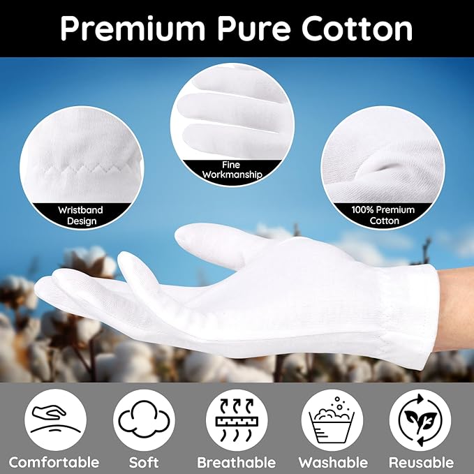 Segbeauty 12 Counts White Sleep Gloves, Hand Moisturizing Gloves with Elastic Band, 6 Pairs Cotton Moisturizing Gloves for Hands, Sleeping Gloves for Hand Overnight, White Cotton Gloves for Men Large
