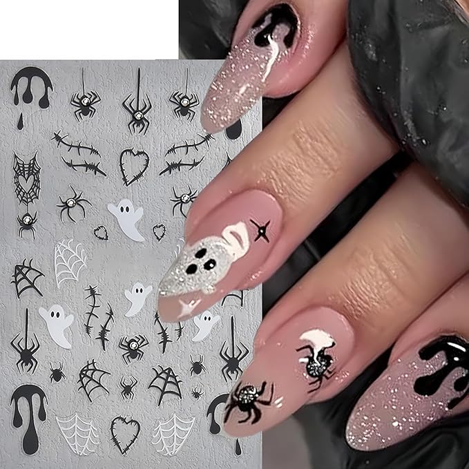 6 Sheets Halloween Nail Art Stickers Spider Nail Decals 3D Self-Adhesive Glitter Crystal Diamond Spider Nail Art Design Sticker Spider Bat Spider Web Ghost Nail Charms for Holiday DIY Nail Art