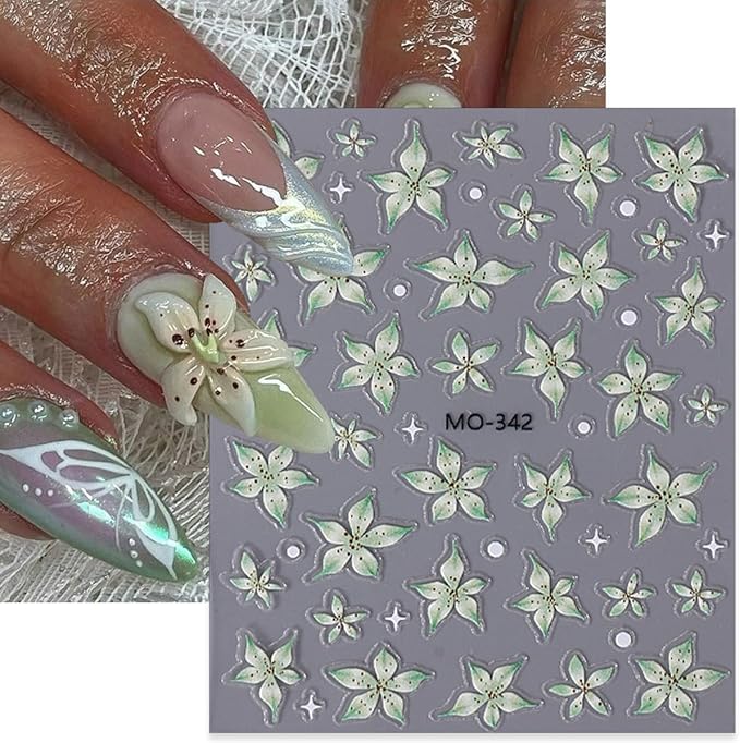 3 Sheets Flower Nail Decals, Lily Nail Stickers, 3D Self-Adhesive Nail Design Stickers for Woman Daily Festival DIY Pink Purple Green Floral Manicure Decoration Supplies