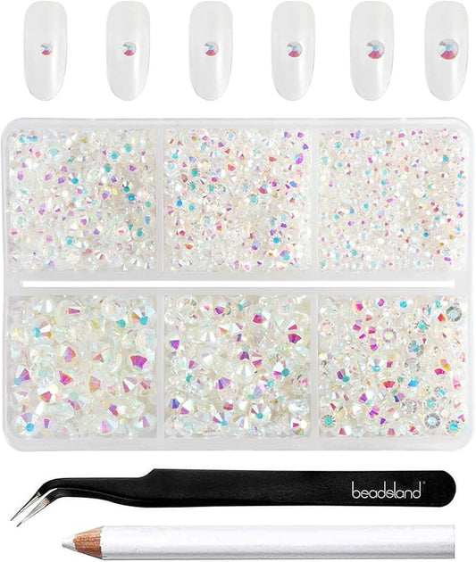 Beadsland 4300pcs Flatback Rhinestones,Transparent AB Rhinestone Nail Gems Round Crystal Rhinestones for Crafts,Mixed 6 Sizes with Picking Tweezers and Wax Pencil Kit, SS6-SS20,Transparent AB