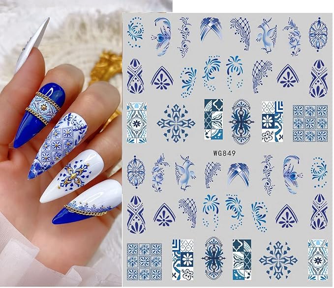8 Sheets Blue and White Porcelain Nail Art Stickers Decals Self-Adhesive Pegatinas para Uñas Retro Elements Tiger Lion Dragon Flowers Design Manicure Tips Nail Decoration for Women Girls