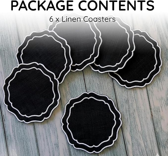 Linen Coasters for Drinks, 4.5 inch, Scalloped Edge, Reusable Handmade Coffee - Image 2