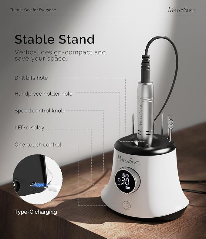 MelodySusie Rechargeable Desktop Nail Drill,Professional 30000RPM Electric Nail File for Acrylic & Gel Nails Removal,SC320G Cordless E-File Machine with LED Display for Manicure Salon & Home,White