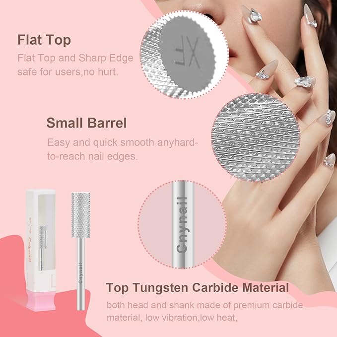 3/32" 5.35MM Small Barrel Flat Top Bit Tungsten Carbide Nail Drill Bit Safety Bit for Gel & Acrylic Removal, 2-Way Rotating Efile Tip, Salon Electric File Accessory (XF Grit, Silver)