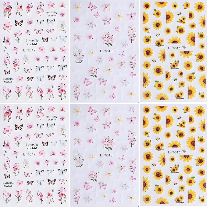 Flower Nail Art Stickers, Luminous Nail Art Decals 3D Self-Adhesive Flowers Fairy Butterfly Floral Leaf Nail Design 6PCS Luminous Nail Art Supplies for Women Nail Decoration