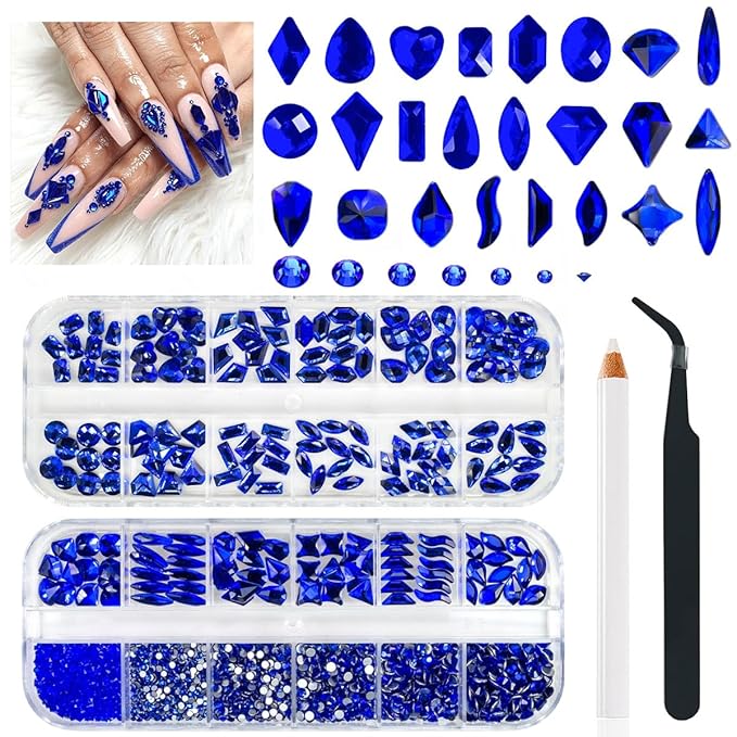 24 Styles Royal Blue Nail Rhinestones Sapphire Multi Shapes Flatback K9 Glass Crystals Gems Stones Diamonds Jewels Nail Art Charms Supplies for Nails Face Eyes Makeup Crafts Tumblers Clothes