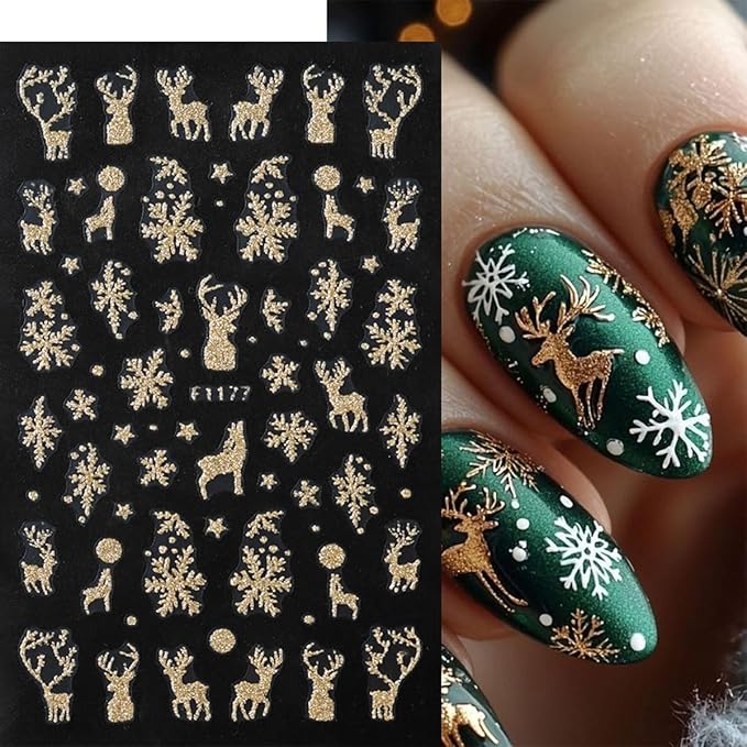 Christmas Nail Art Stickers Decals Gold Glitter Snowflake Snowy Tree Nail Decals 6PCS Snowflakes Deer Snowman Bell Leaf Christmas Nails Design Adhesive Stickers Manicure Nail Art Supplies for Women