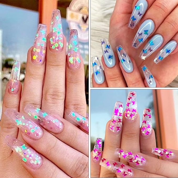 12 Colors Butterfly Nail Art Stickers Butterflies Nail Glitter Sequins 3D Art Accessories Butterfly Shape Flakes Powder Holographic Gold Red Pink Butterflies Sequins Design Acrylic Nails Supply Kit