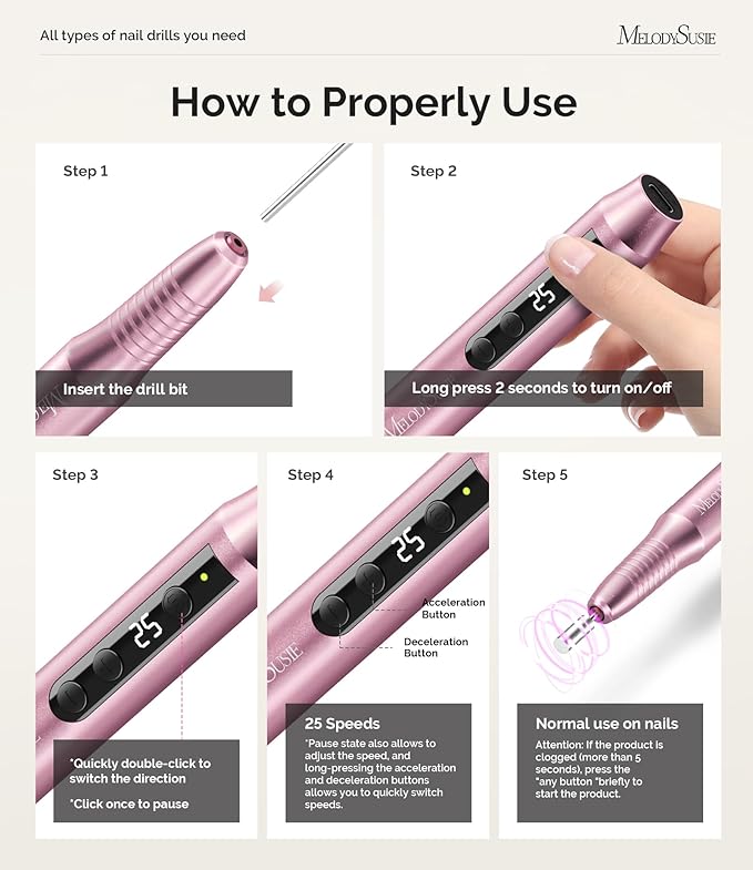 MelodySusie Cordless Nail Drill, PC180G 25,000RPM Rechargeable Electric Nail File with Nail Drill Bits,Sanding Bands