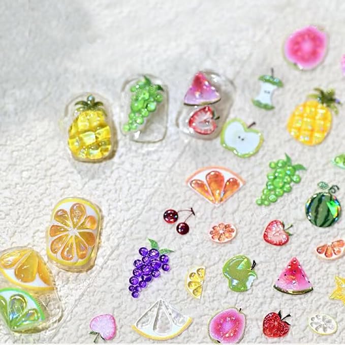 1 Sheets Summer Fruit Nail Art Stickers 5D Self-Adhesive Jelly Embossed Watermelon Grape Grapefruit Nail Decals Cute Pineapple Strawberry Cherry Nail Stickers for Women Girls Nails Decoration