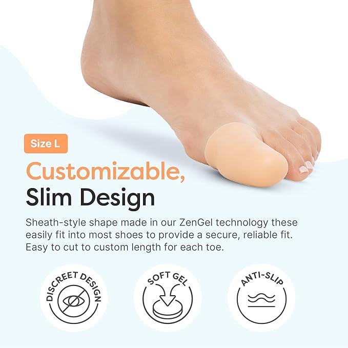 ZenToes 6 Pack Gel Toe Cap and Protector - Cushions and Protects to Provide Relief from Missing or Ingrown Toenails, Corns, Blisters, Hammer Toes (Large, Beige)