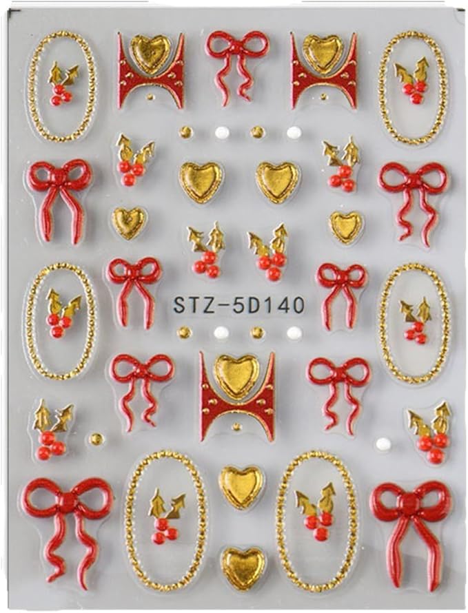 2Sheets Christmas Nail Art Stickers 5D Embossed Holly Nail Decals with Gold Beads Frame Designs Nail Stickers Self-Adhesive Red Bow Nail Decal Gold Heart Nail Sticker for Women Nails Decor Supplies