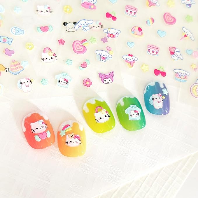 4 Sheets of 3D Nail Stickers - 274 Cute Nail Decals - Embossed Nail Stickers for Kids | Kawaii Theme - Stars, Hearts, Bunny, Pink Bear, Puppy, Cats | Glow in The Dark