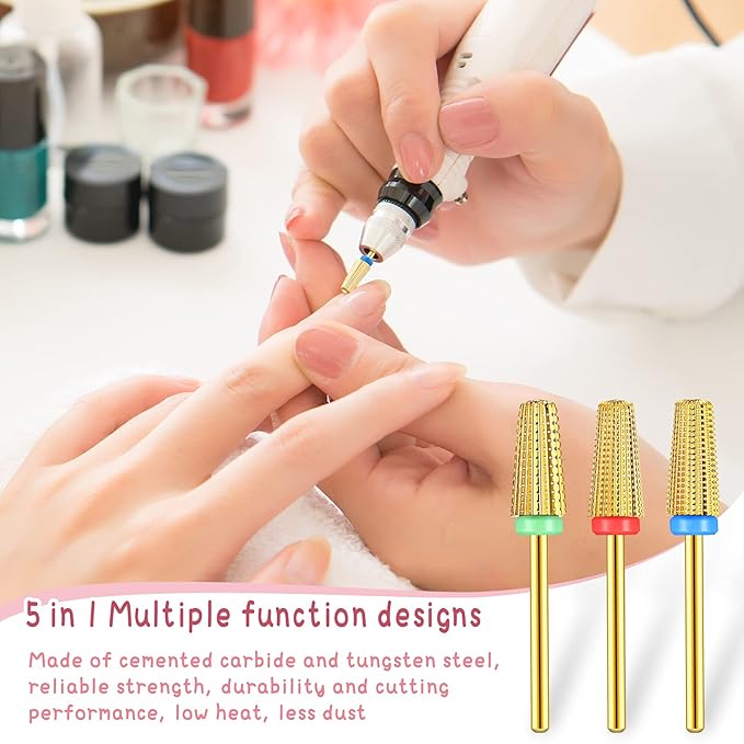 3 Pieces Nail Carbide 5 in 1 Bit, Nail Drill Bits Set-2 Way Rotate Use for both Left to Right Handed, 3/32 Inch Shank Size Drill Machine for Fast Remove Acrylic or Hard Gel (Gold)