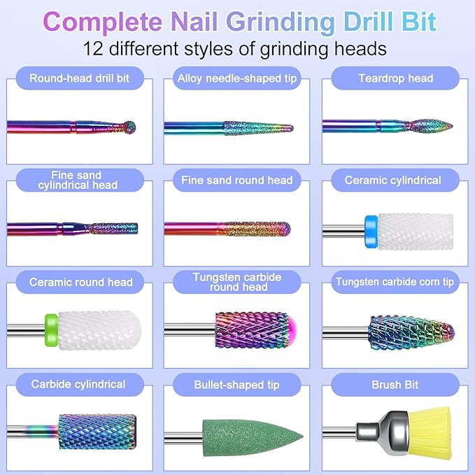 12Pcs Nail Drill Bits 3/32" Electric Manicure Nail File Bits Set for Acrylic Gel Nail Manicure Pedicure Remover Tools for Home Salon