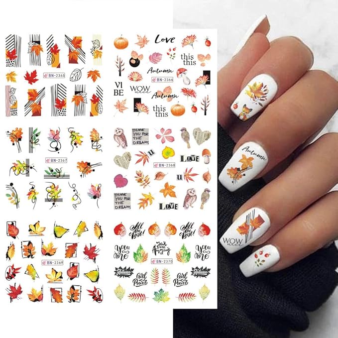 Fall Nail Art Stickers Autumn Nail Water Decals Maple Leaf Pumpkin Small Animals Thanksgiving Nail Stickers Water Transfer Foil Designs Nail Decals for Women Girls DIY Nail Decorations (12 Sheets)