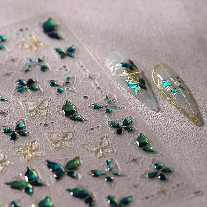 Butterfly Nail Stickers for Acrylic,5D Embossed Nail Art Stickers Self Adhesive Green Butterfly Nails Decals Gold Edge Butterflies Nails Supplies Crystal Jelly Designs for Women Spring Manicure