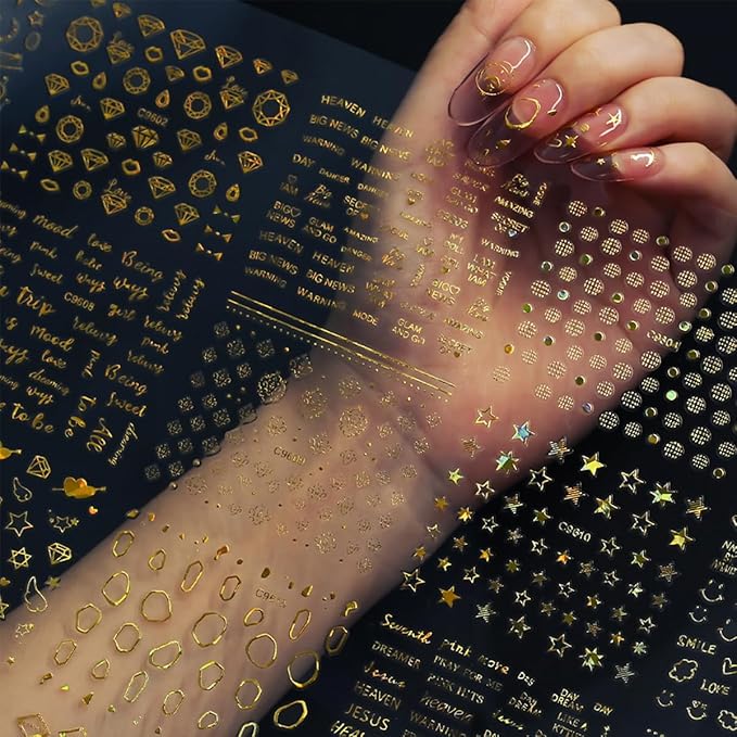 30 Sheets Gold Nail Art Stickers 3D Self-Adhesive Gold Line Nail Stickers Star Moon Heart Nail Design Sticker Lrregular Lines Nail Decals Acrylic Nail Art Supplies for Women