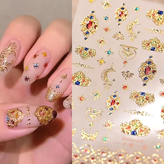 Gold Nail Stickers for Nail Art Self-Adhesive Bohemia Totem Vintage Luxury Nails Design 5D Nail Art Stickers Gold Colorful Diamond Nail Decals for Women Nail Supplies Accessories 1Sheets