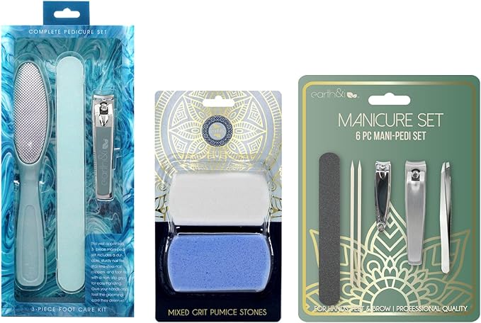 Earth & I Nail Clippers and Pumice Stones for Feet with Manicure Set, Foot Scrubber, Nail File, Nail Clippers, Pedicure Tools for Feet, Pedicure Tools Kit - Ocean Blue - 11 Ct