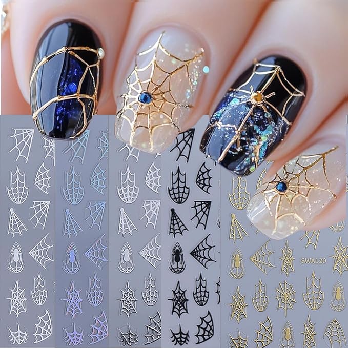 5 Sheets Halloween Nail Art Stickers Decals 3D Self-Adhesive Spider Web Nail Decals Black White Gold Silver Laser Spider Web Nails Stickers Gothic Nails Supplies for Women Halloween Party Nails Decor