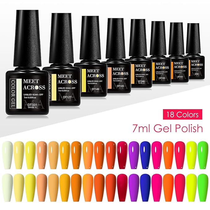 MEET ACROSS 18pcs Gel Nail Polish Set Soak Off UV LED Lamp Gel Nail Polish Kit (SET-10, 18pcs)