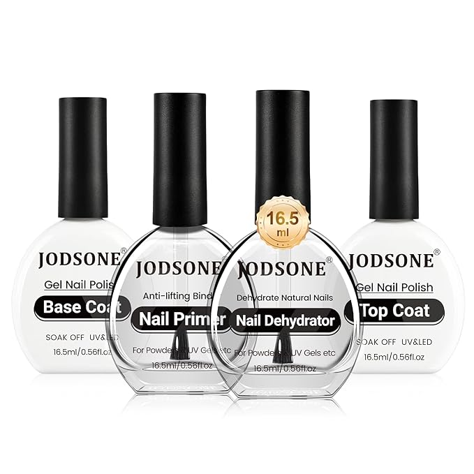 JODSONE 4Pcs Base Coat Top Coat Nail Primer Nail Dehydrator for Long Lasting Manicures Prep Protect and Perfect Your Nails 16.5ml Each Salon Quality Set