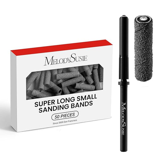 MelodySusie 50 Pcs Nail Drill Bits Super Long Small Sanding Bands with 3.1mm Crystal Mandrel Bit, 120 Medium Grit Nail File for Acrylic Nails Gel Manicures and Pedicure, Black