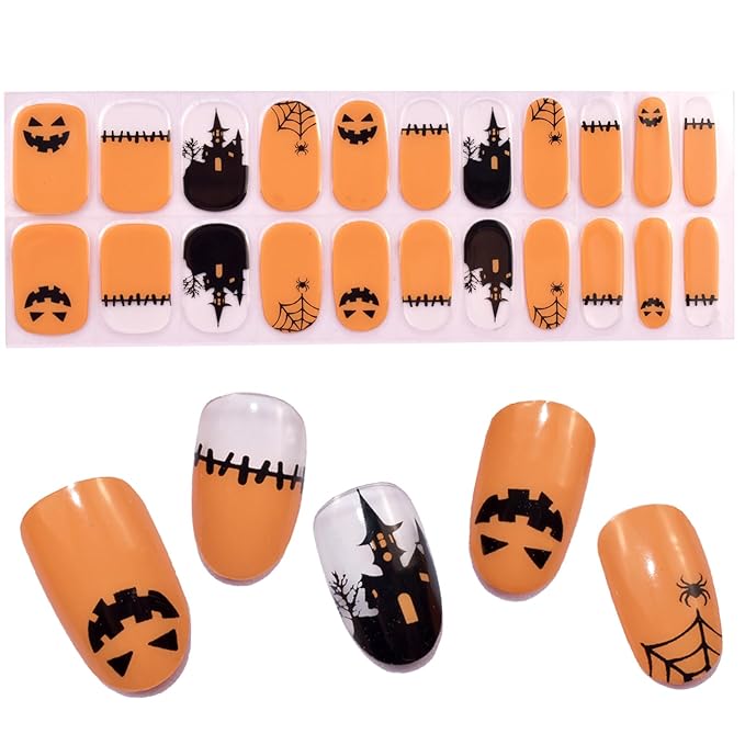 Semi Cured Gel Nail Strips Orange Gel Nails Sticker 22pcs Halloween Spider Nail Wraps for Home Nails DIY