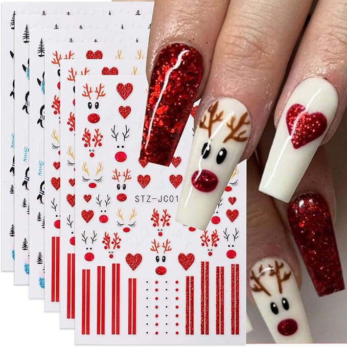 3D Christmas Nail Stickers for Nail Art, Elk Winter Penguin Nail Decals Nail Art Supplies 6PCS Red Elk Penguins Tree Xmas Nails Design Adhesive Sticker for Women Holiday DIY Manicure Nail Decorations