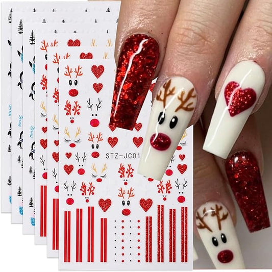 3D Christmas Nail Stickers for Nail Art, Elk Winter Penguin Nail Decals Nail Art Supplies 6PCS Red Elk Penguins Tree Xmas Nails Design Adhesive Sticker for Women Holiday DIY Manicure Nail Decorations