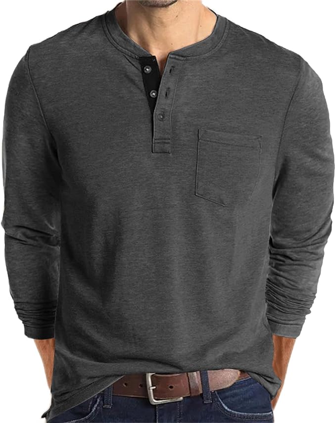 Lexiart Mens Fashion Henley Shirts Long Sleeve Button Cotton T-Shirt with Pocket